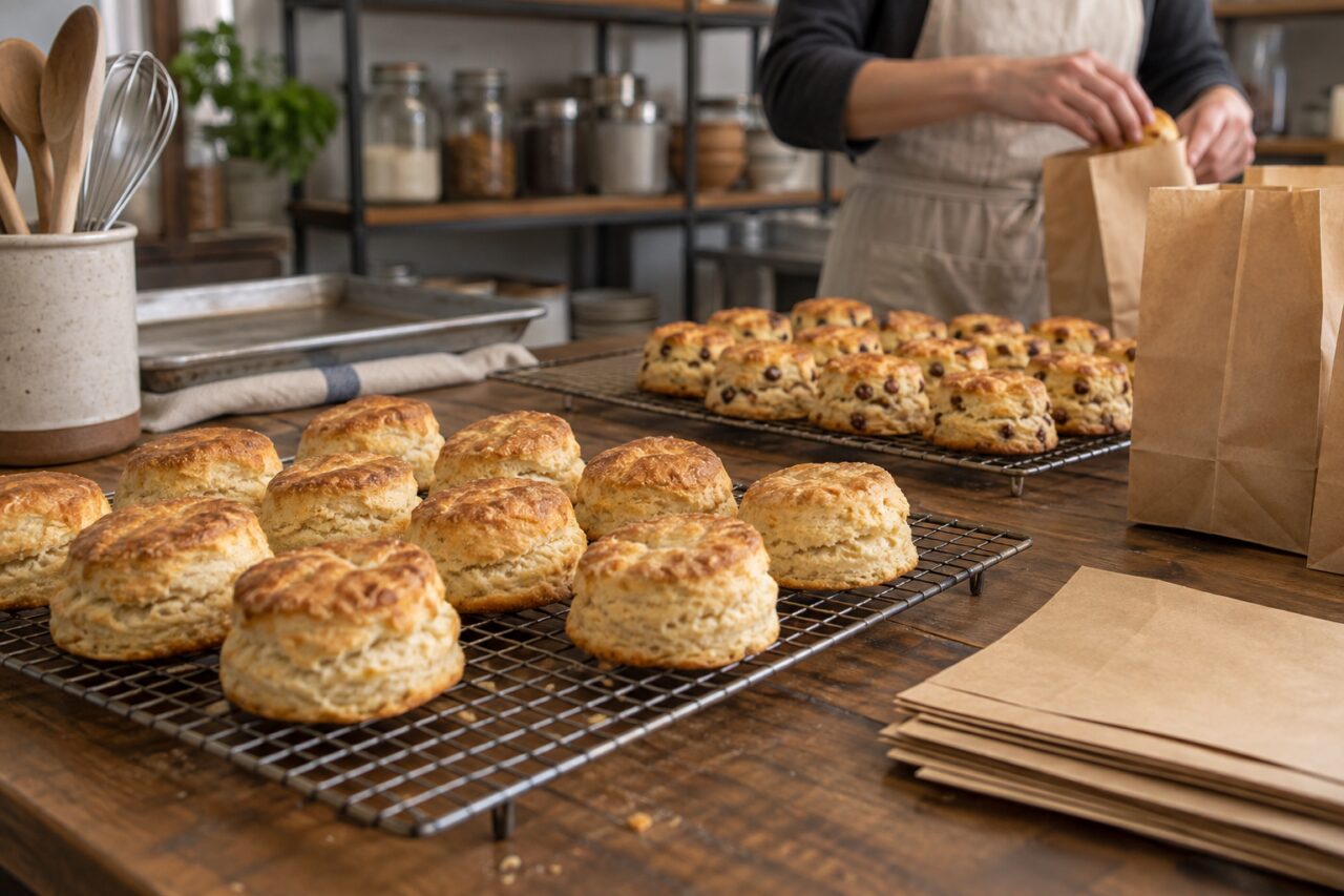 Unabhängige Keksbäckerei — showing cooling racks and paper bags