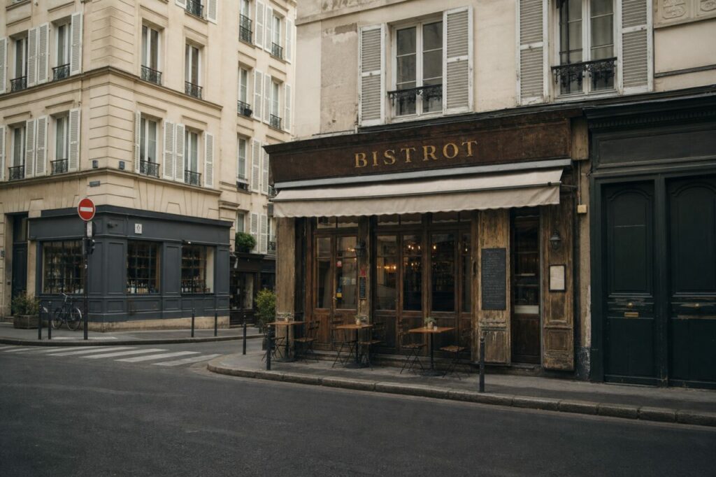 Bistrot au coin d’une rue avec passage piéton et vélo