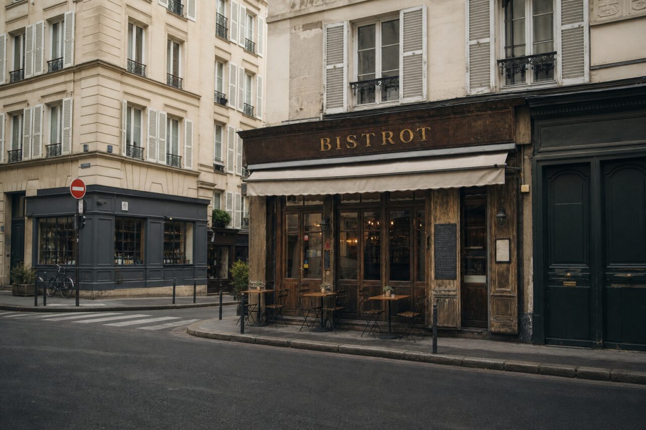 Corner bistro with crossing and parked bicycle