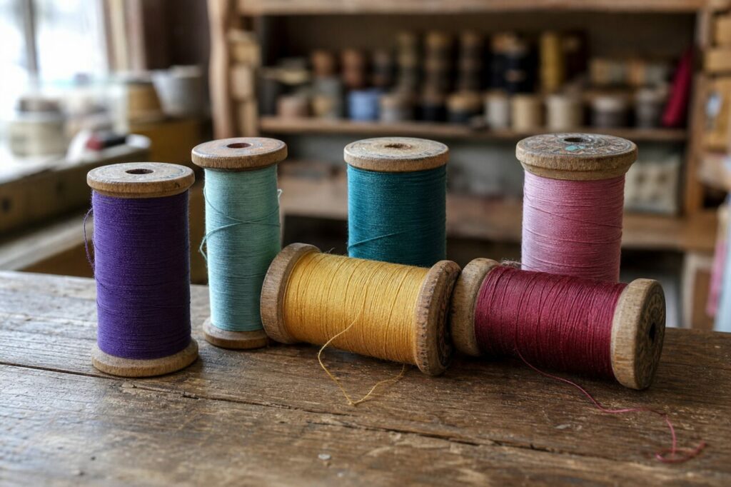 Bobines de fil colorées sur une table en bois