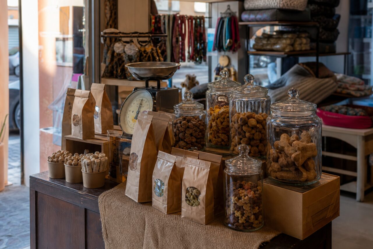 Jars of bone-shaped pet biscuits