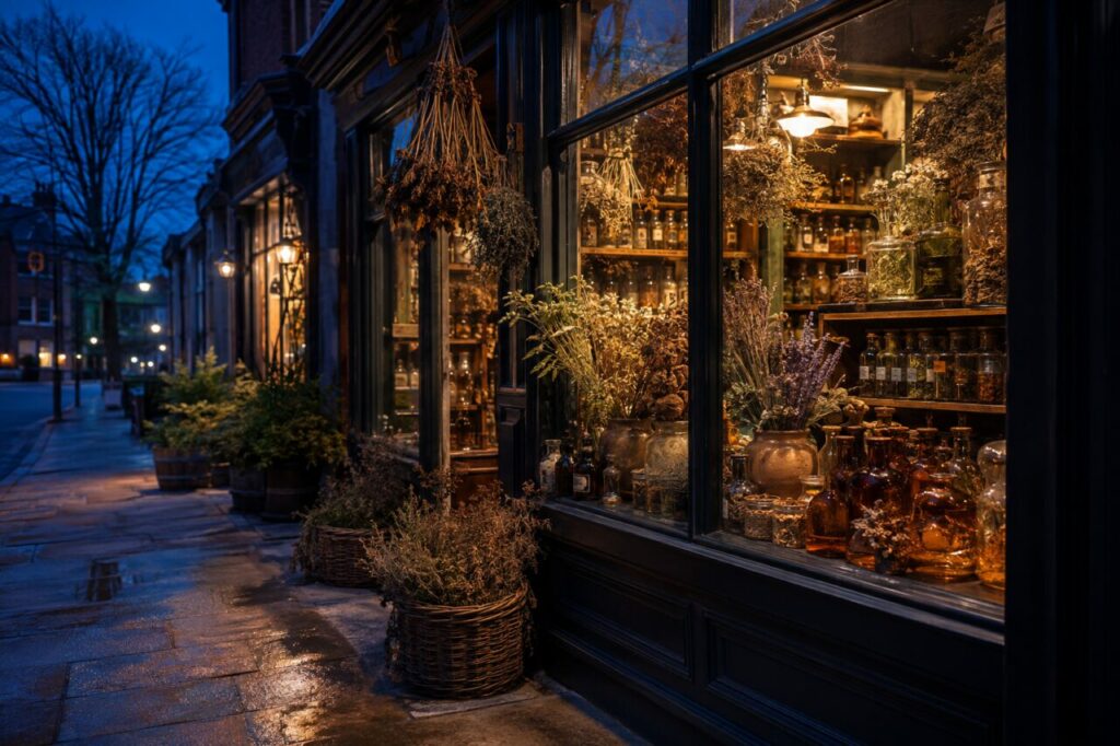 Bocaux illuminés et plantes sèches dans la vitrine