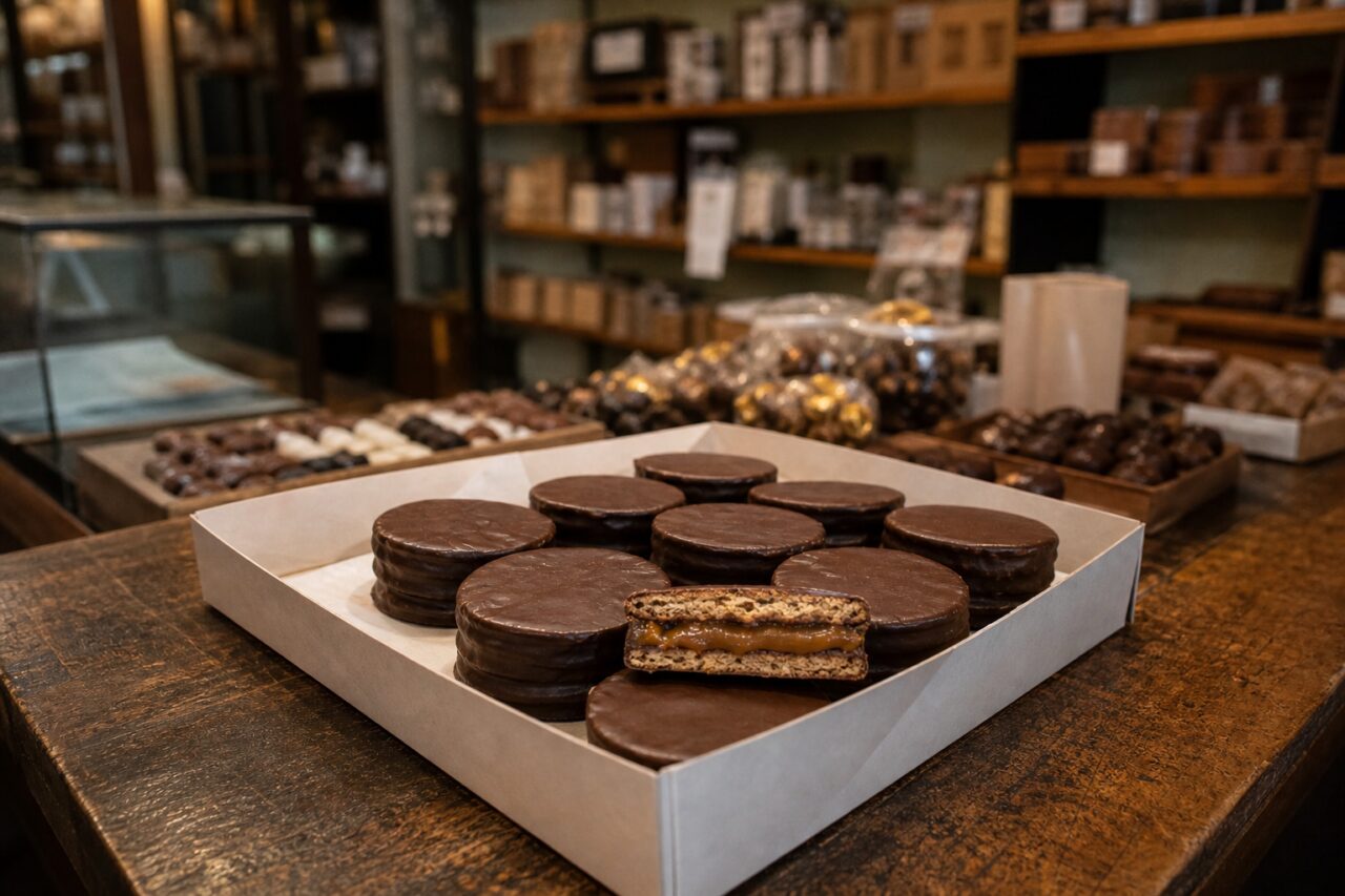 Scatola di alfajores in una pasticceria