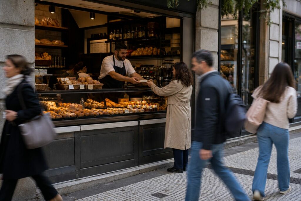 Deux personnes se passant une boîte devant un comptoir ouvert sur la rue