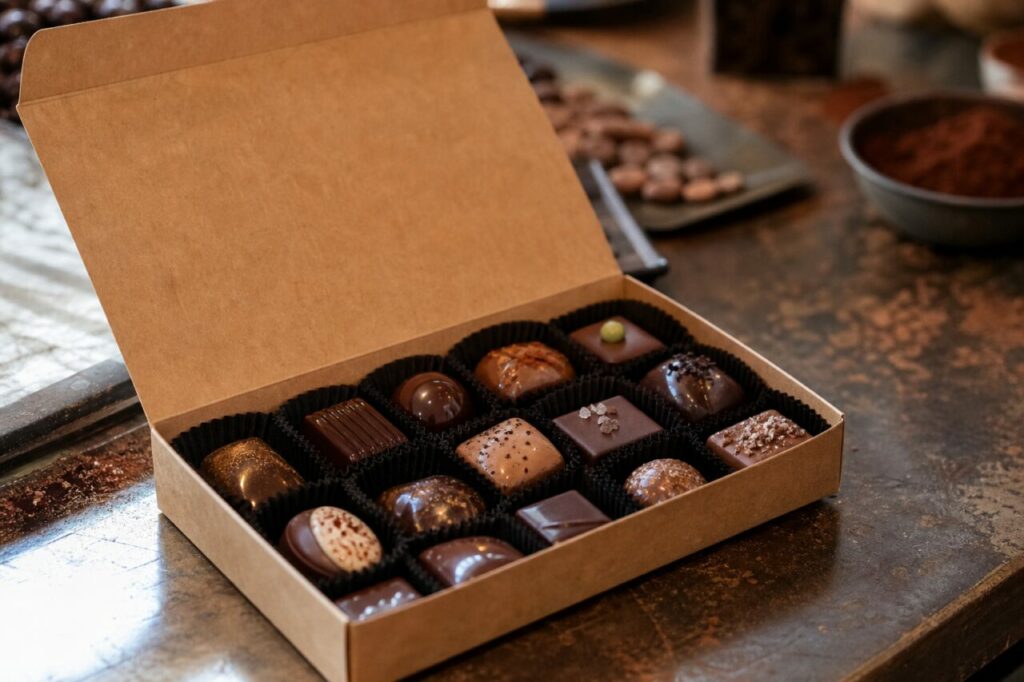 Caixa de bombons de chocolate recheados