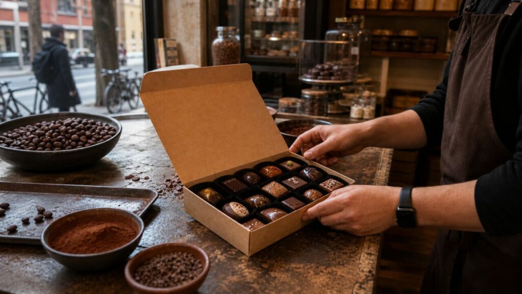 Caja de chocolates sostenida en una tienda de Nueva York