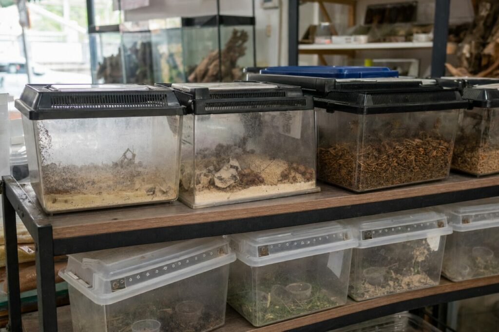 Kweekbakken met insecten op een metalen rek