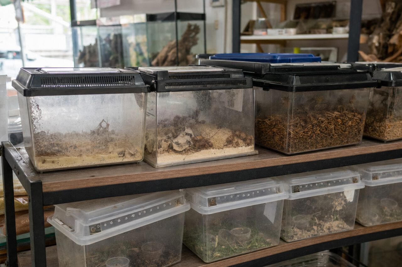 Boîtes d’élevage d’insectes sur rayonnage métallique