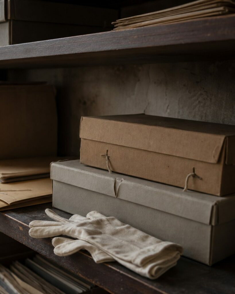 Boîtes à ficelle et gants sur une tablette