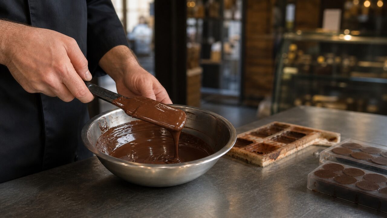 Bol de chocolate fundido junto a una espátula y varios moldes sobre un mostrador