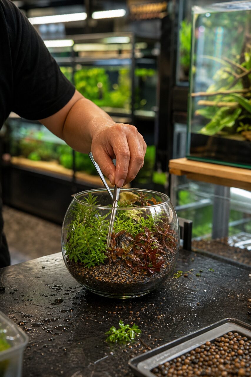 Bepflanzte Schale und Aquascaping-Werkzeug im Fachgeschäft