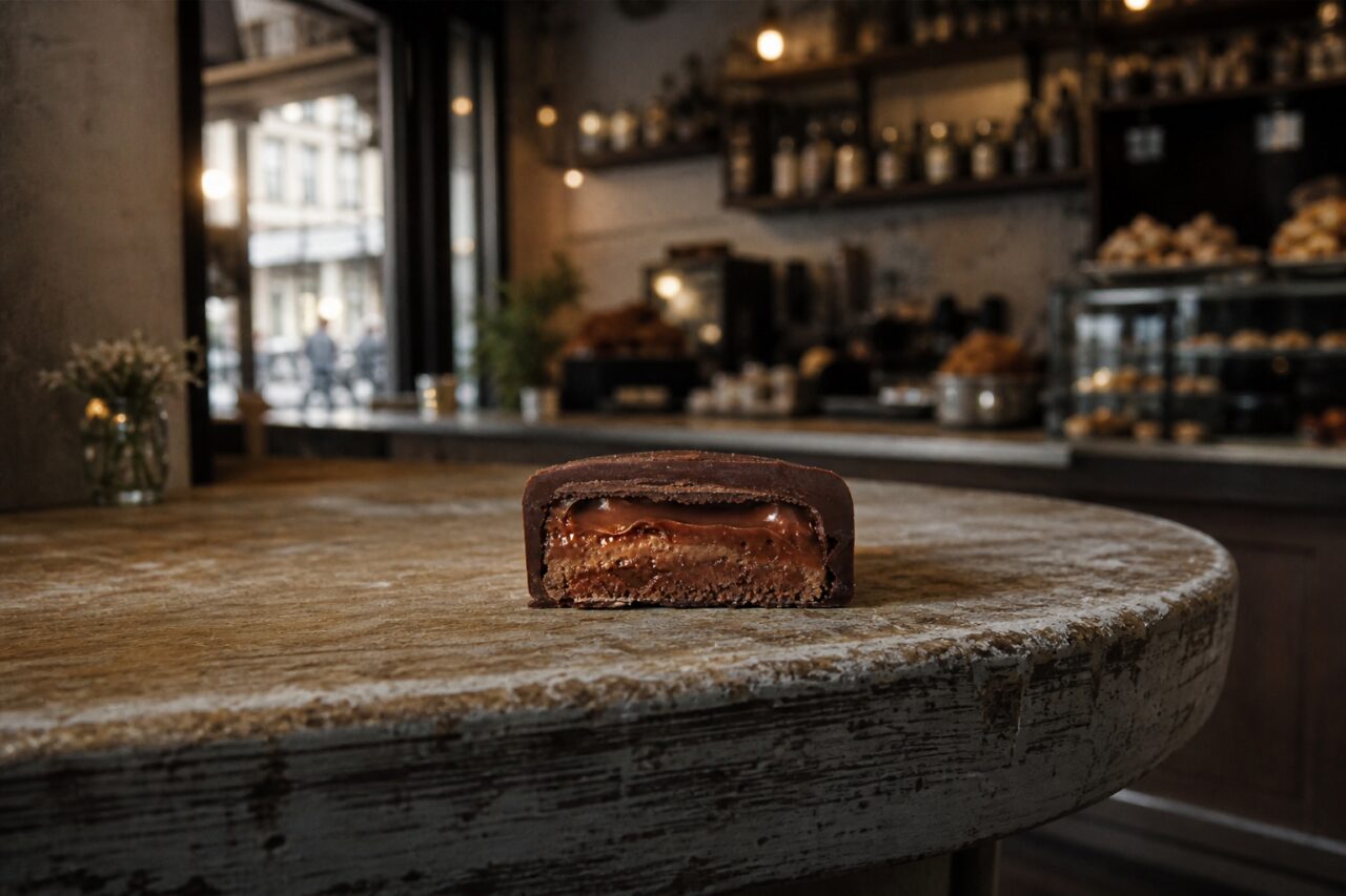 Aufgeschnittene Praline in einer Chocolaterie