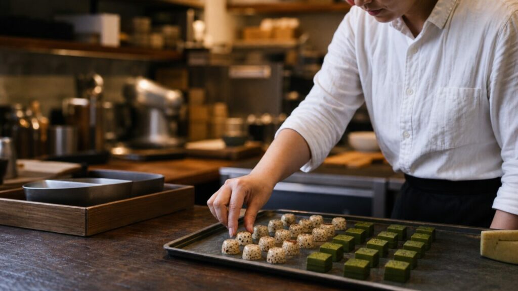 Matcha-Pralinen auf einem Arbeitsblech