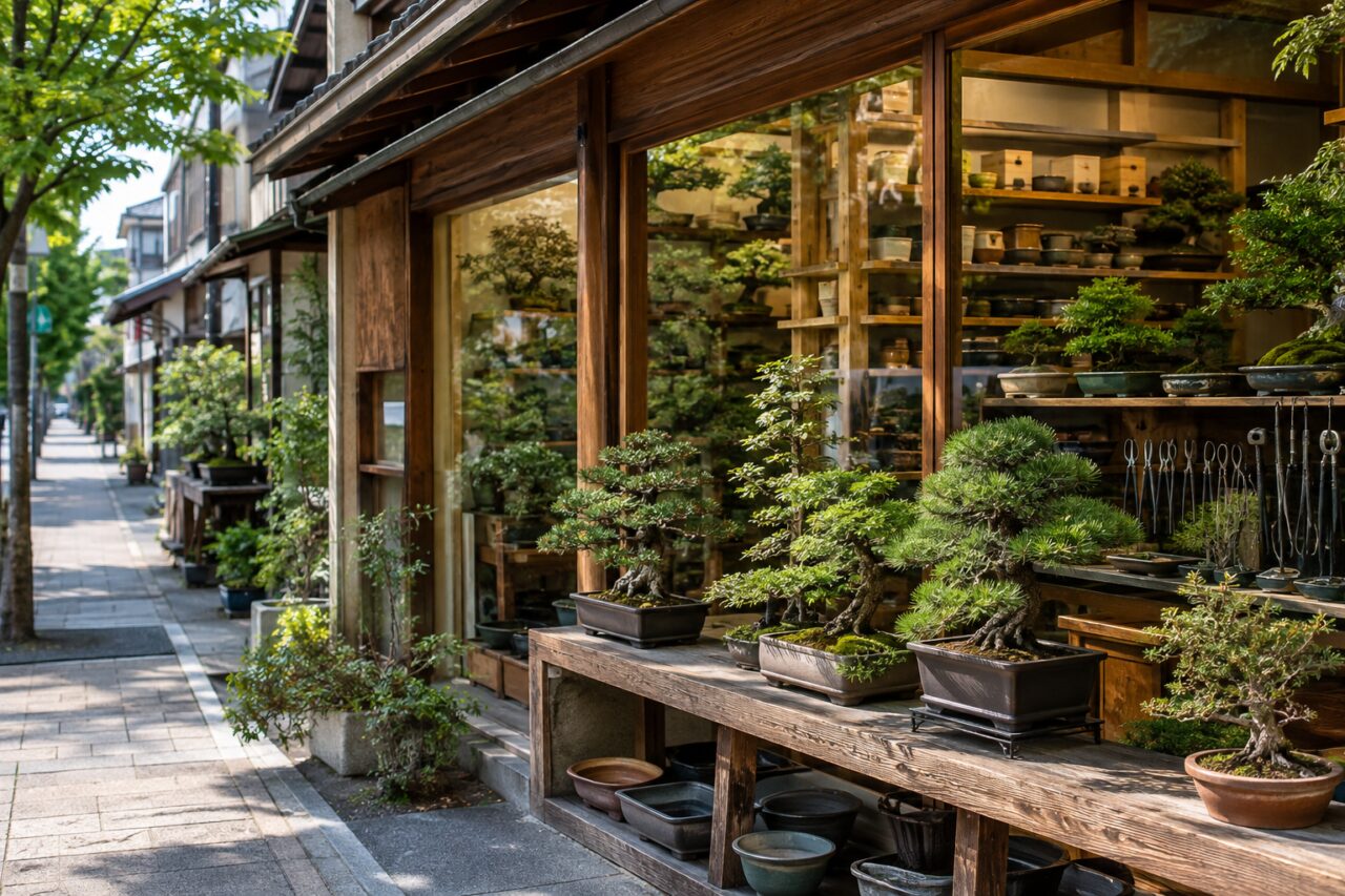 Bonsai em vasos na vitrine de uma loja numa rua arborizada