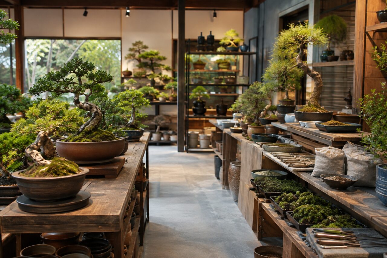 Interior de uma loja de bonsai com árvores miniatura, vasos e ferramentas de poda