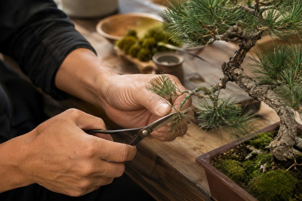 Een dennenbonsai snoeien met een schaar op een houten werkbank