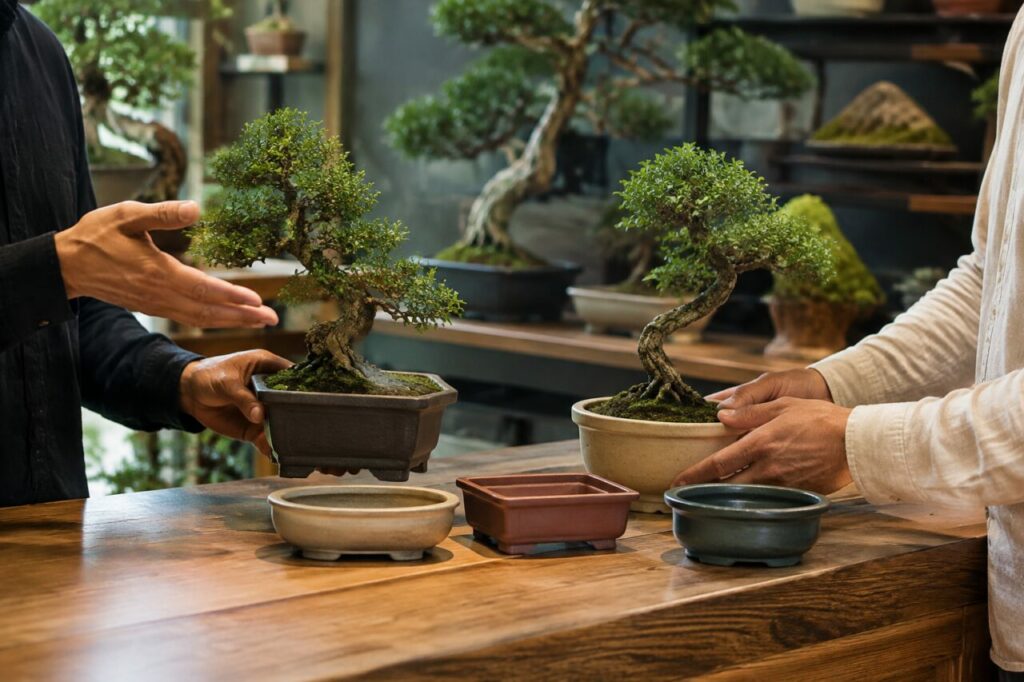 Two potted bonsai trees held above a table among pottery and plants