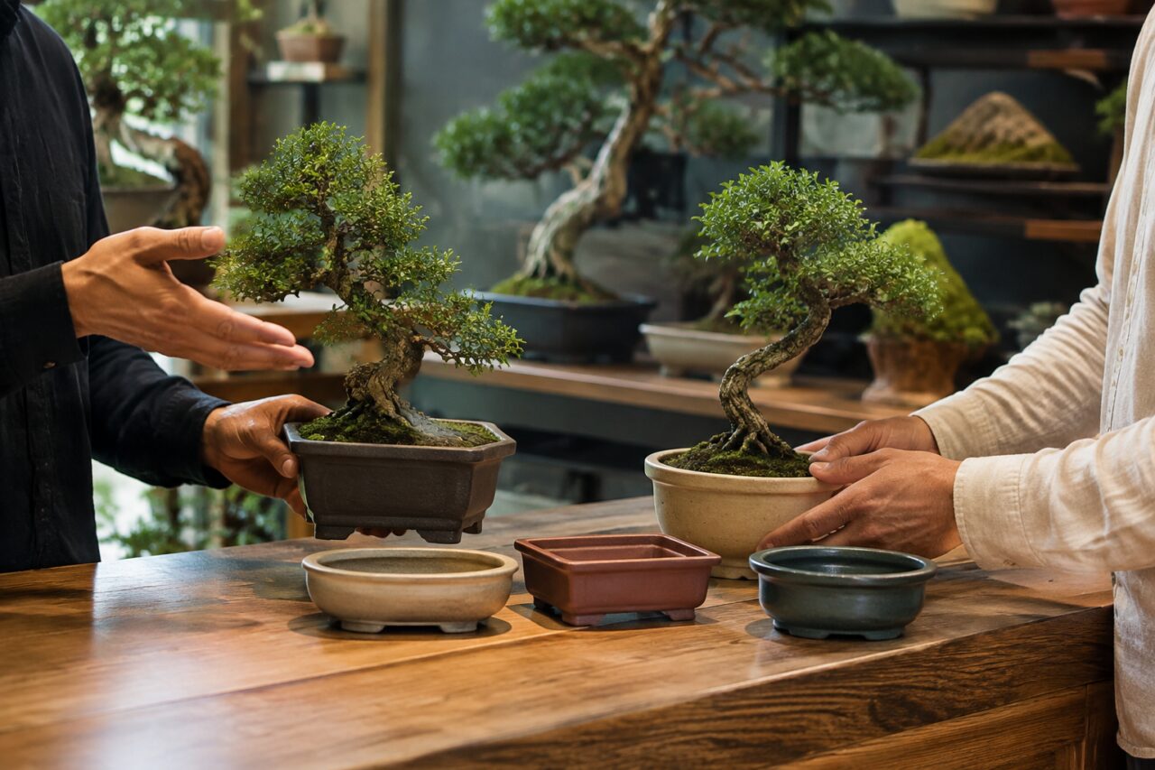 Due bonsai in vaso tenuti sopra un tavolo tra ceramiche e piante