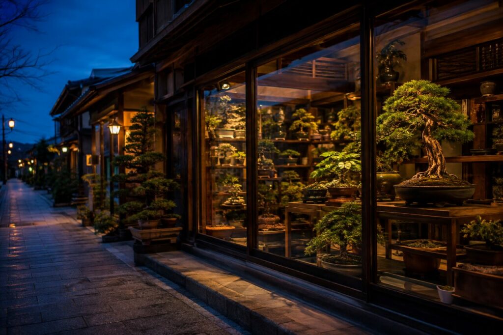 Beleuchtetes Bonsai-Schaufenster in der Dämmerung an einer alten Pflasterstraße