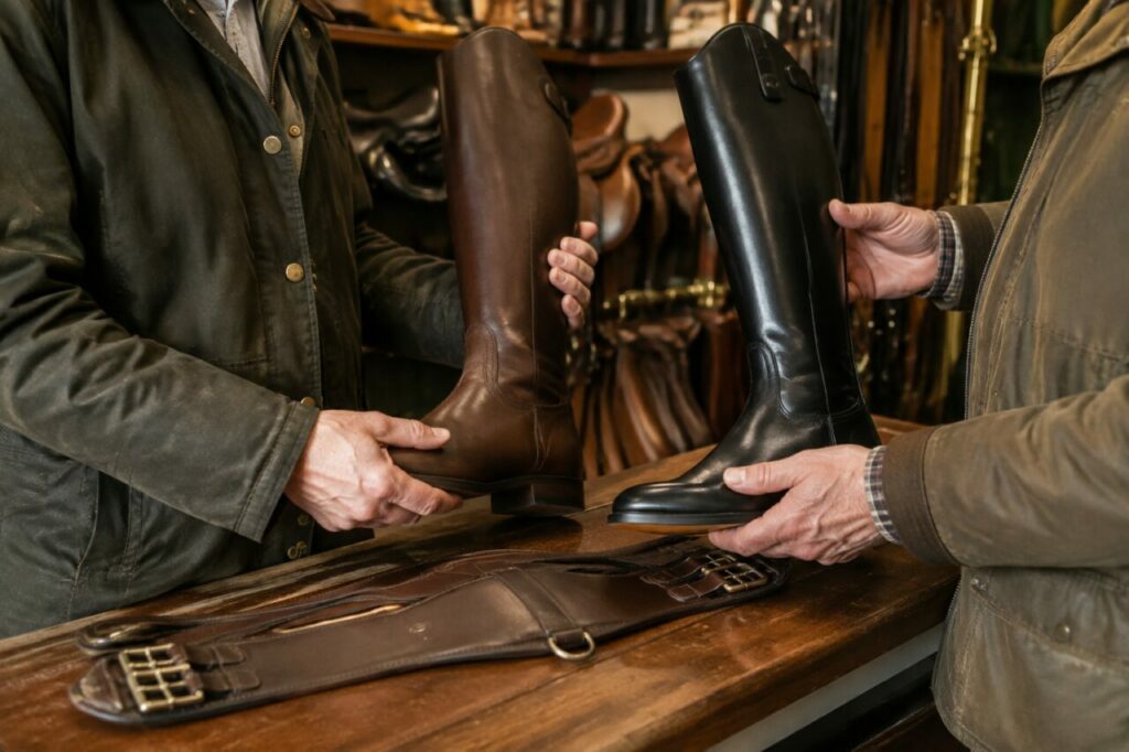 Bottes d’équitation présentées sur un comptoir de sellerie