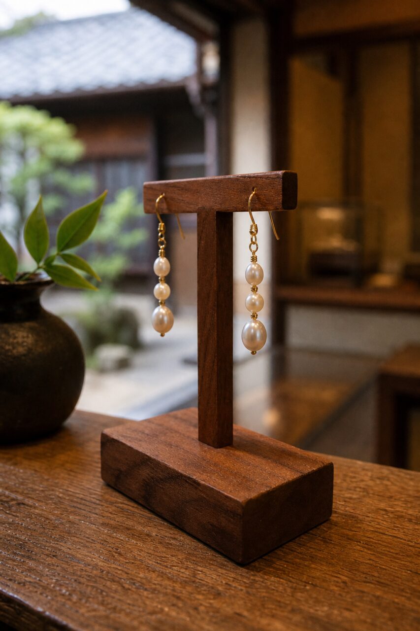 Angled view of pearl earrings