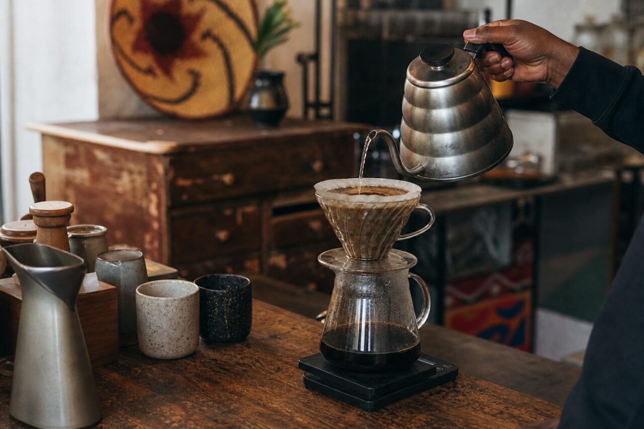 Schwanenhalskessel gießt Wasser über Kaffee in einen gläsernen Kegelfilter