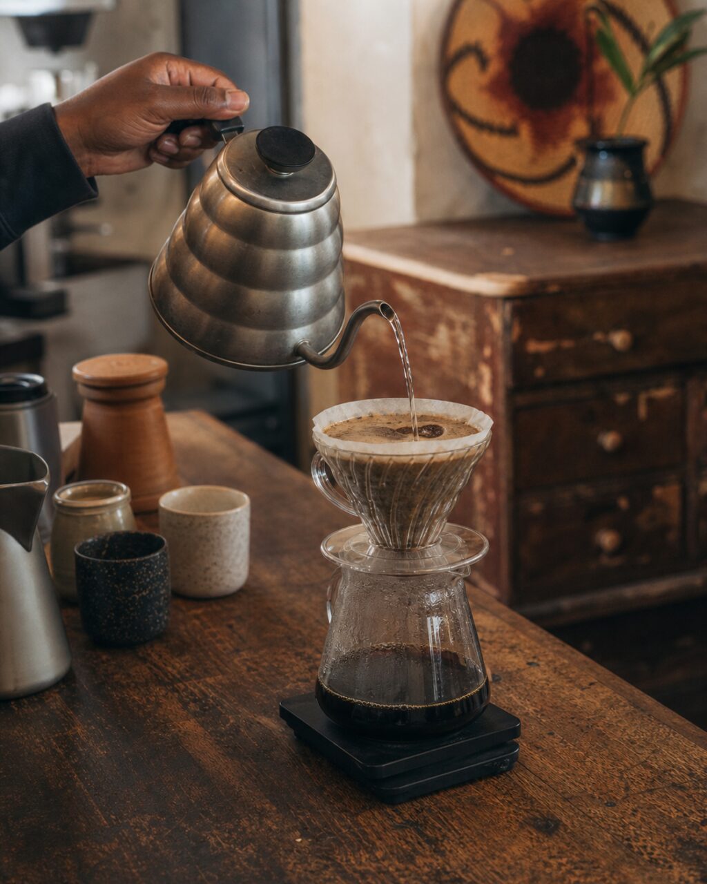 Metalen ketel in de hand tijdens het zetten van filterkoffie in verticale compositie