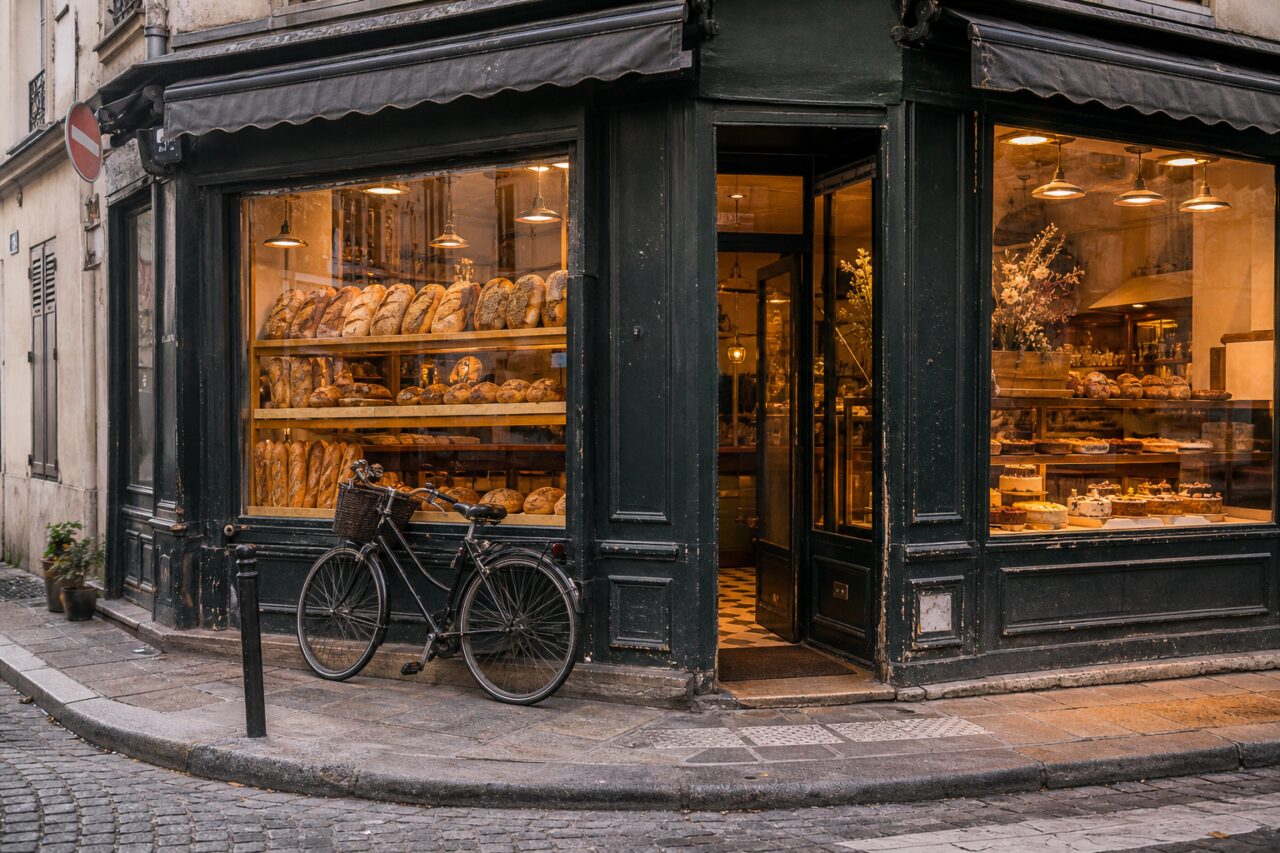 Eckbäckerei mit zwei Schaufenstern und Fahrrad vor der Tür