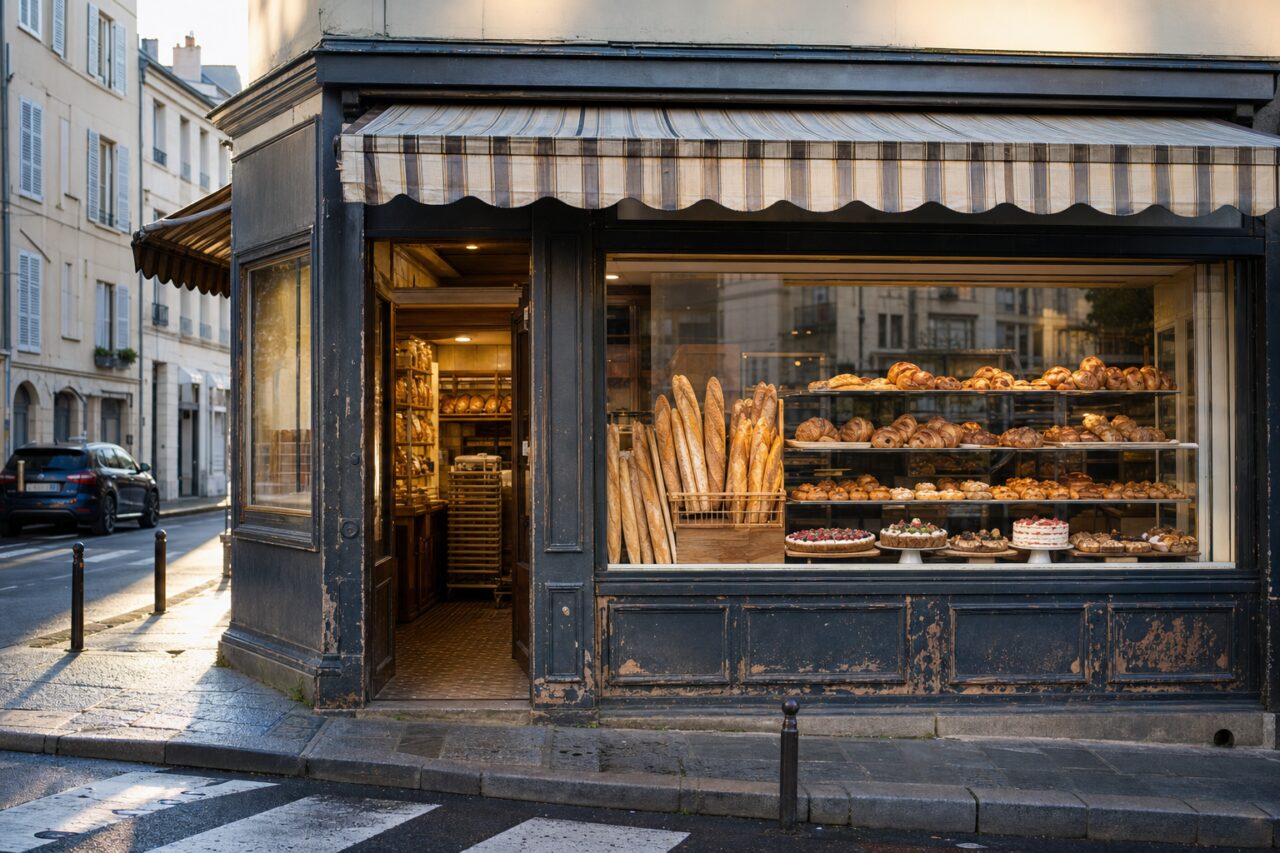 Corner bakery with a dark frontage and a window of bread and pastries
