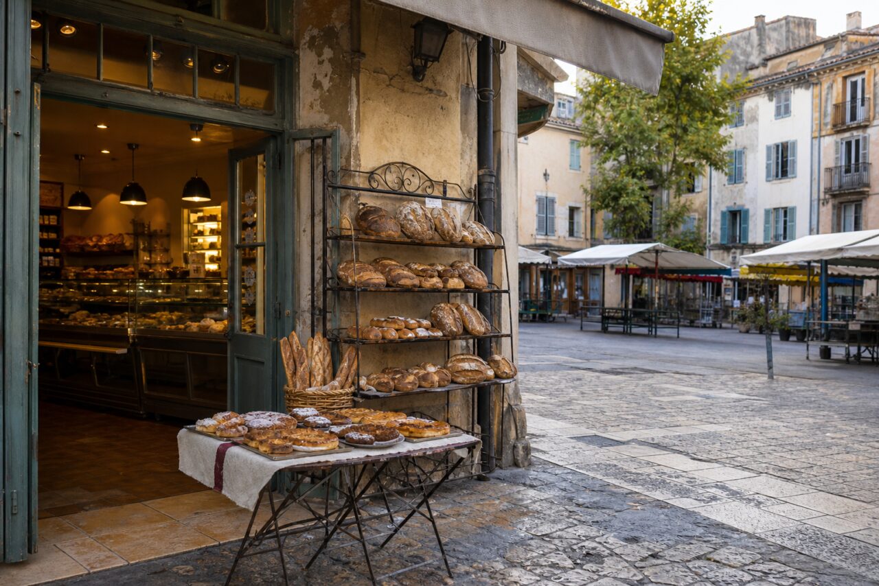 Boulangerie ouverte sur une place avec étagère de pains en plein air
