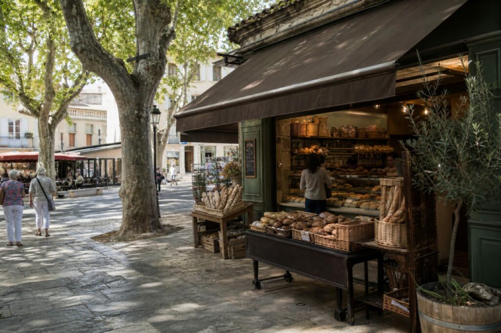 Boulangerie ouverte sur une place ombragée avec paniers de pains sous un auvent brun