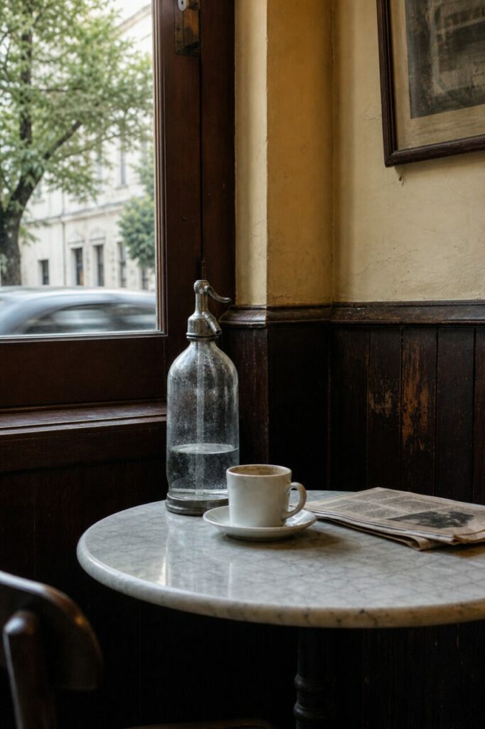 Bottle and cup before a blurred street view