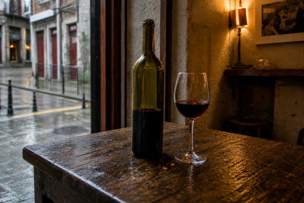 Flasche und Glas schräg zwischen Fenster und warmem Licht
