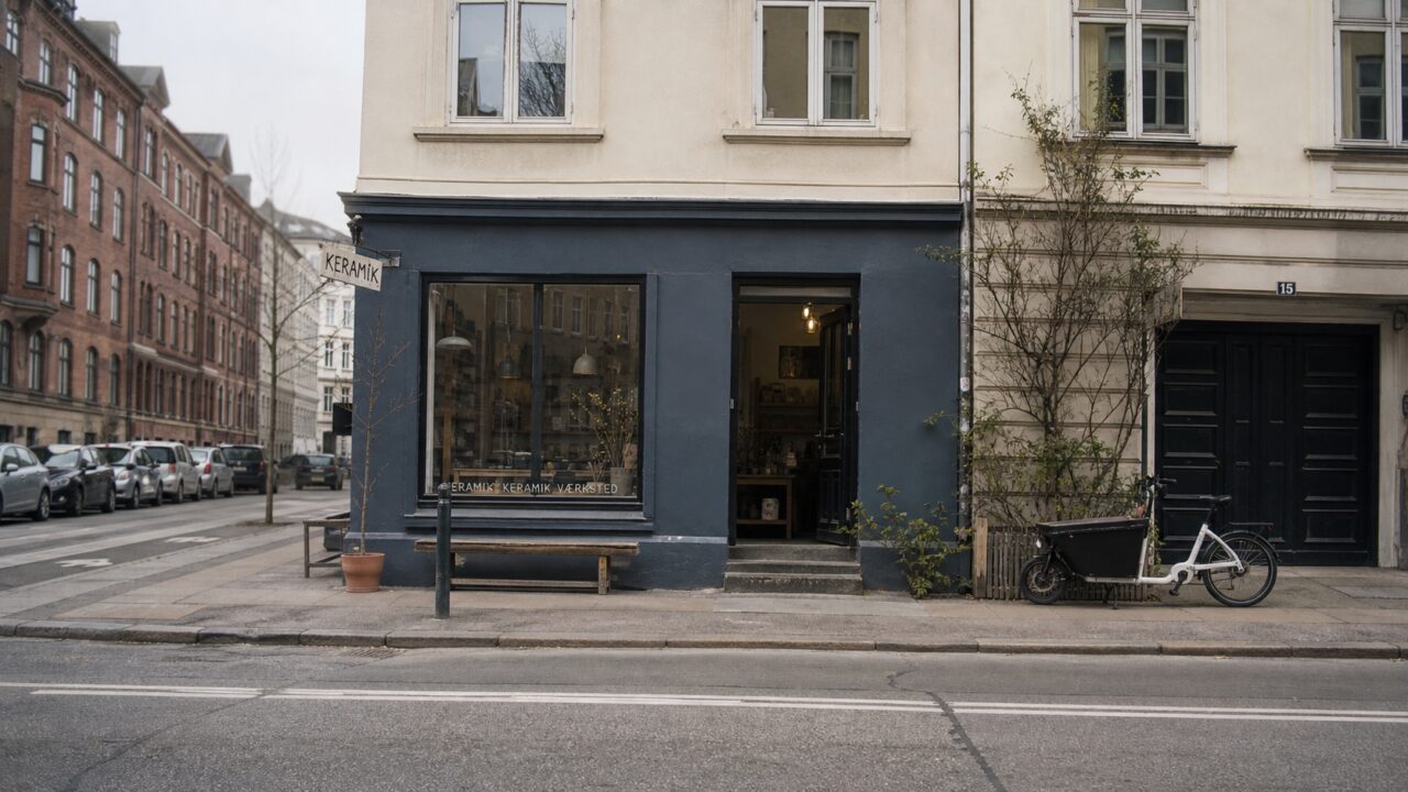 Veduta ampia di un negozio di ceramica all’angolo di una strada a Copenaghen
