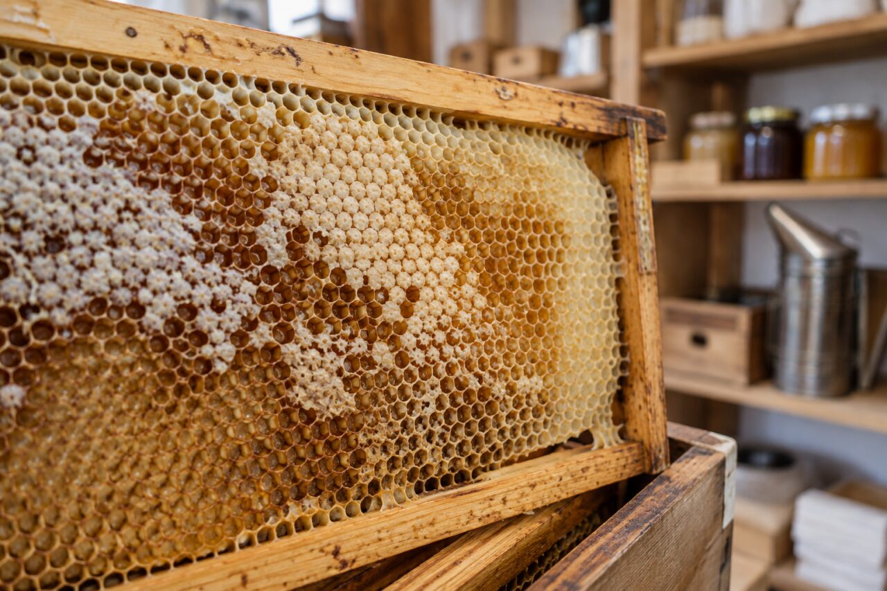 Boutique d’apiculture indépendante — a close view of honeycomb texture