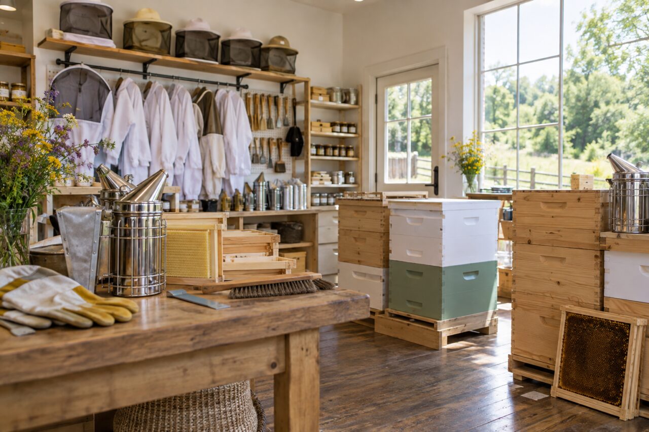 Tienda independiente de apicultura — inside a bright independent beekeeping shop