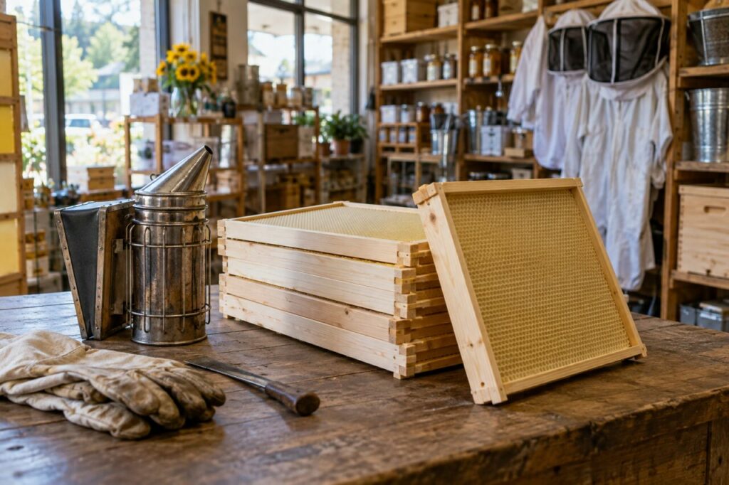 Loja independente de apicultura — showing frames and a smoker tool