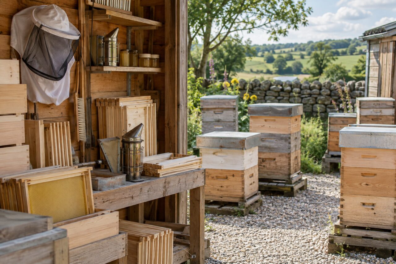 Independent beekeeping supply shop — with wooden hive boxes in a yard