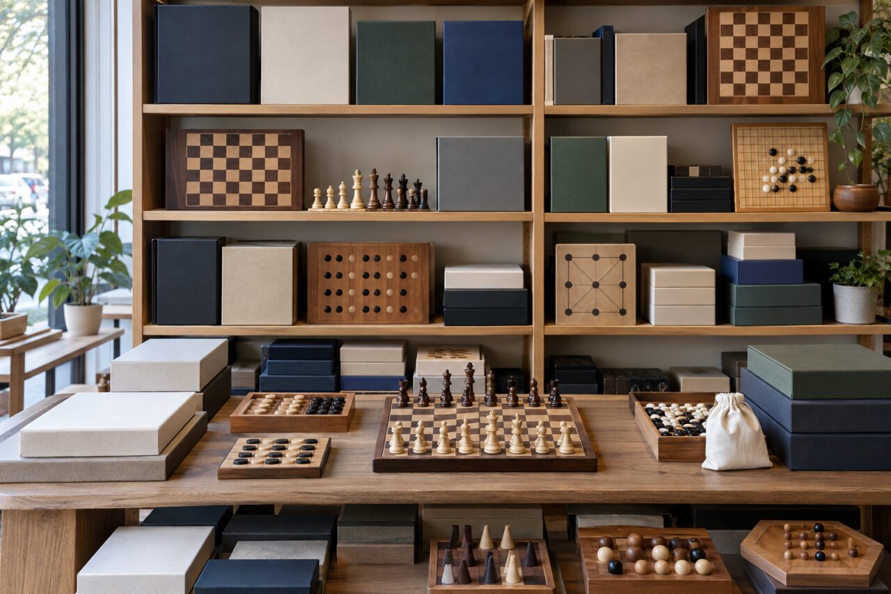 Zelfstandige schaakwinkel — displaying strategy game boxes without readable text
