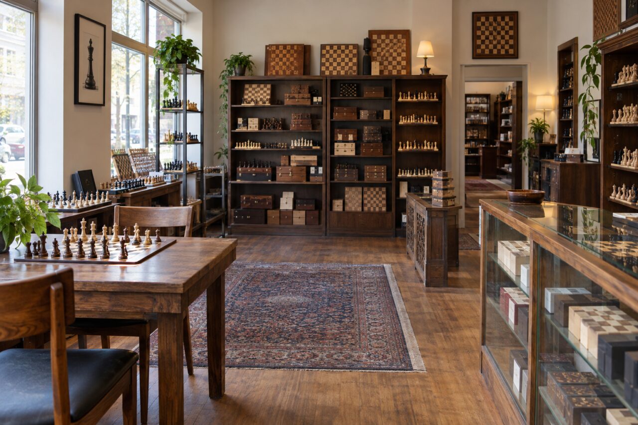 Unabhängiges Schachgeschäft — inside a quiet independent chess shop