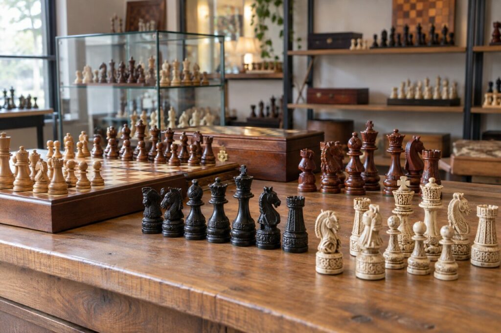 Independent chess shop — showing carved chess pieces at a counter
