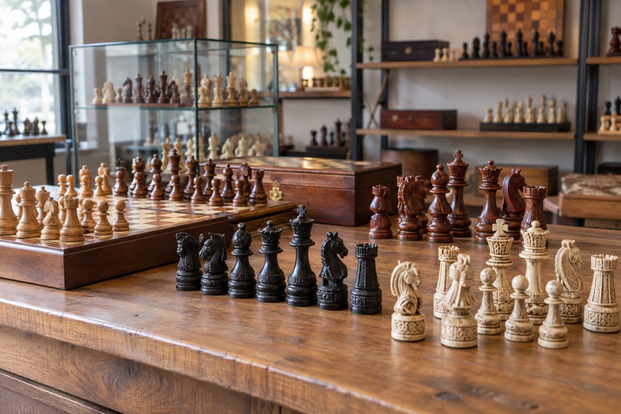 Zelfstandige schaakwinkel — showing carved chess pieces at a counter