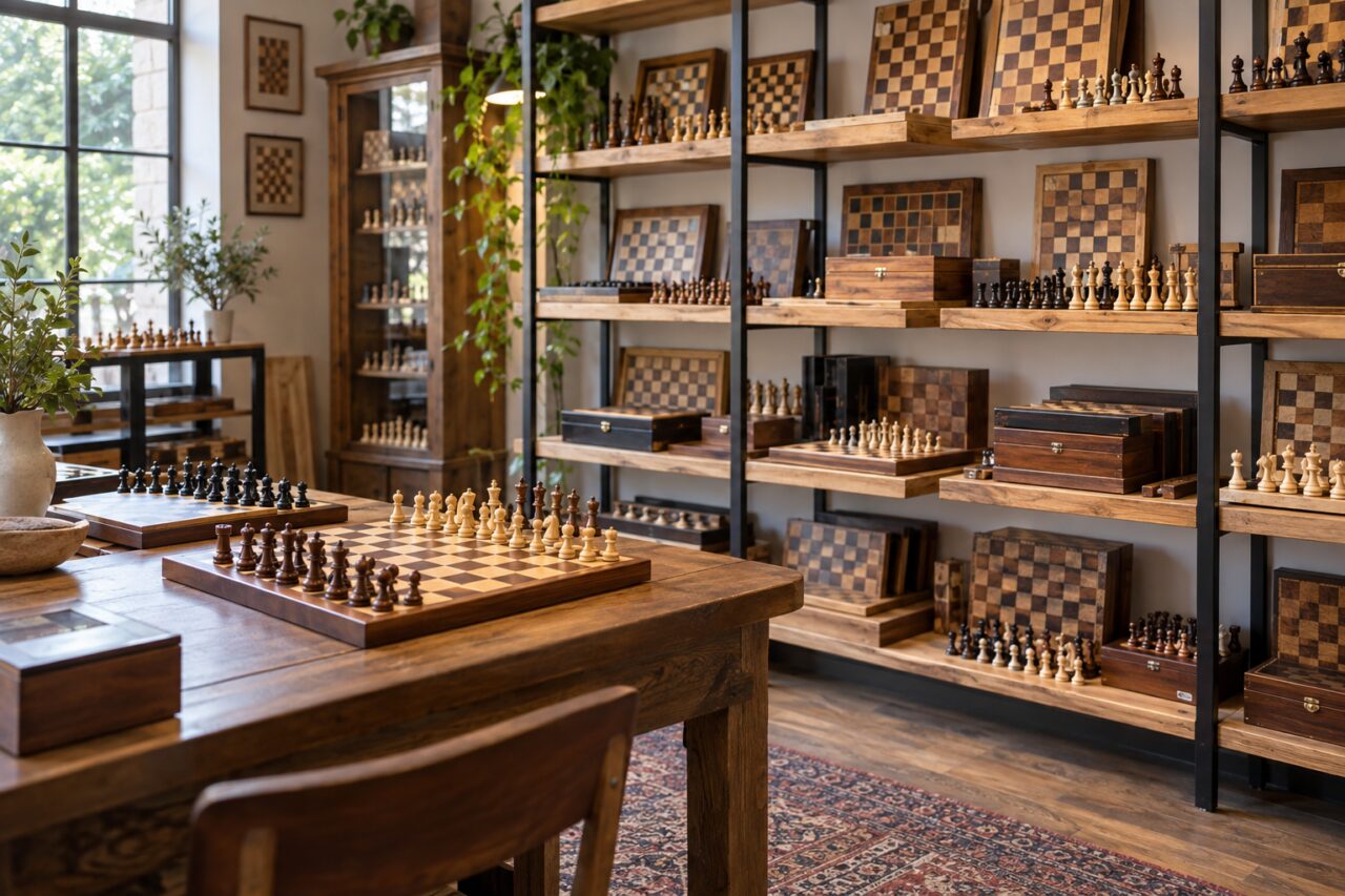 Loja independente de xadrez — with wooden chessboards on shelves
