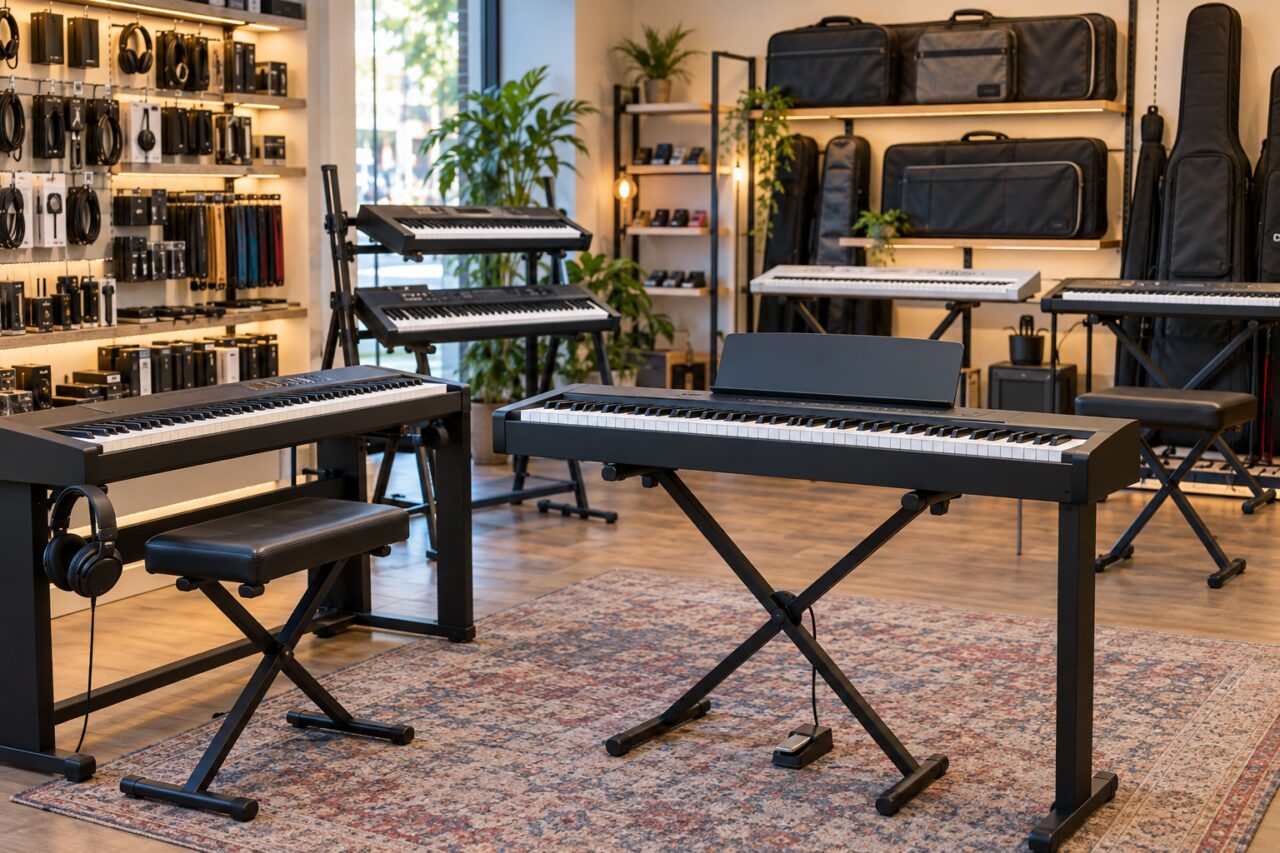 Tienda de instrumentos musicales — showing keyboards and accessories