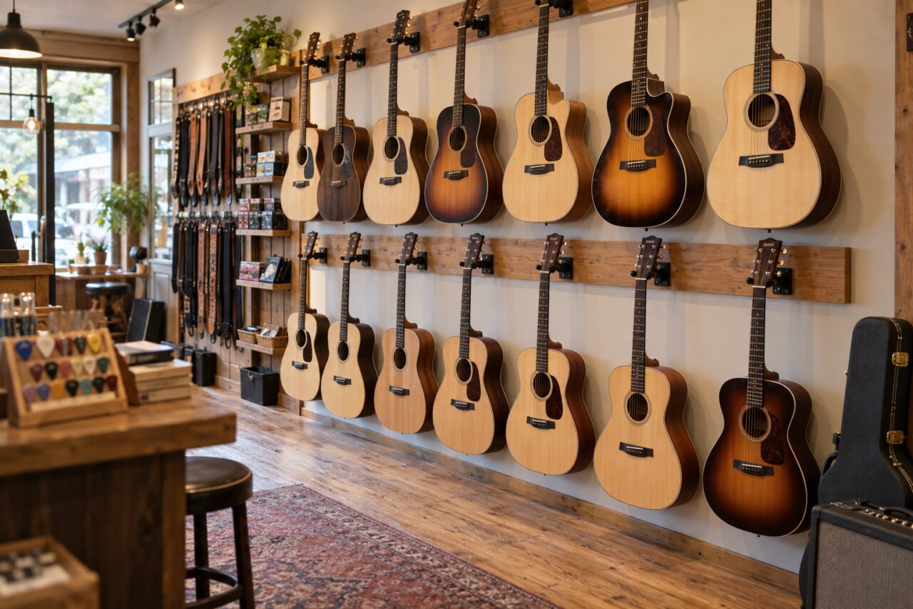 Musikinstrumentenladen — with acoustic guitars on display