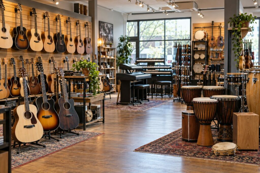 Boutique d’instruments de musique — with instruments arranged by section