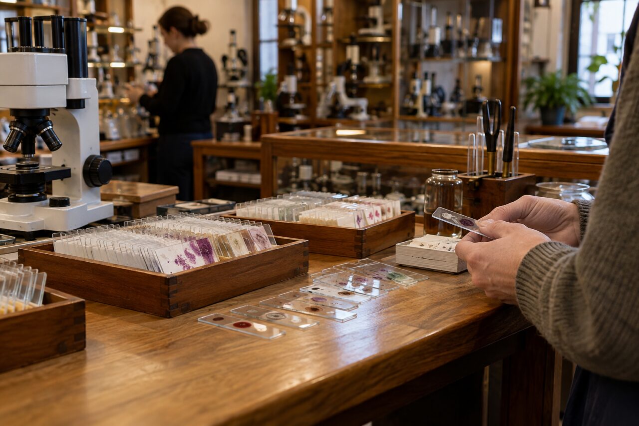 Tienda independiente de instrumentos científicos — arranging specimen slides at a counter