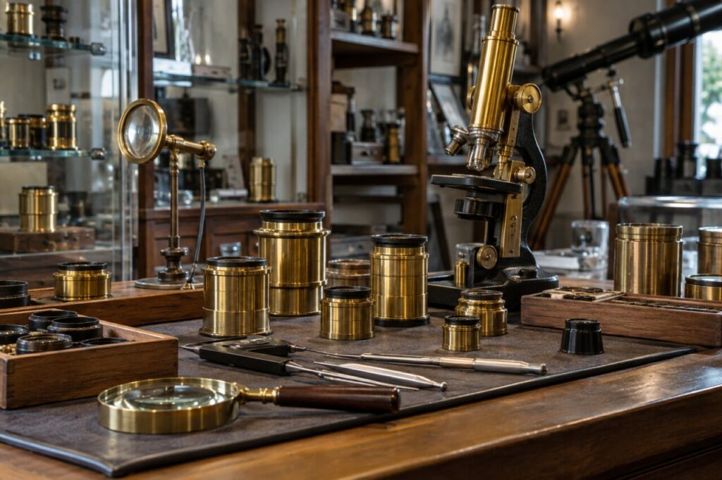 Zelfstandige winkel voor wetenschappelijke instrumenten — showing brass lenses and laboratory tools