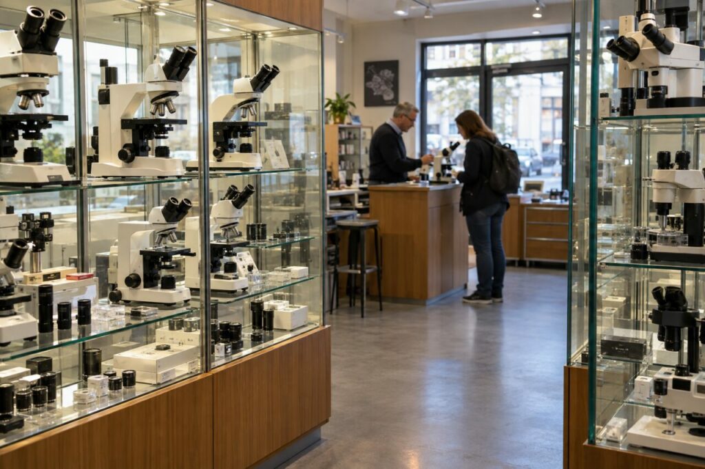 Boutique d’instruments scientifiques — with microscopes in glass cabinets