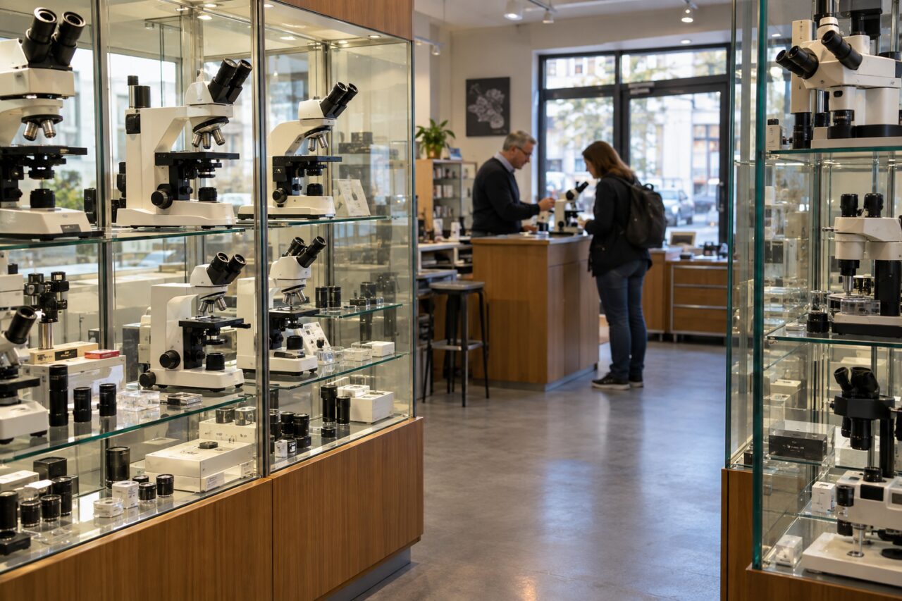 Negozio indipendente di strumenti scientifici — with microscopes in glass cabinets